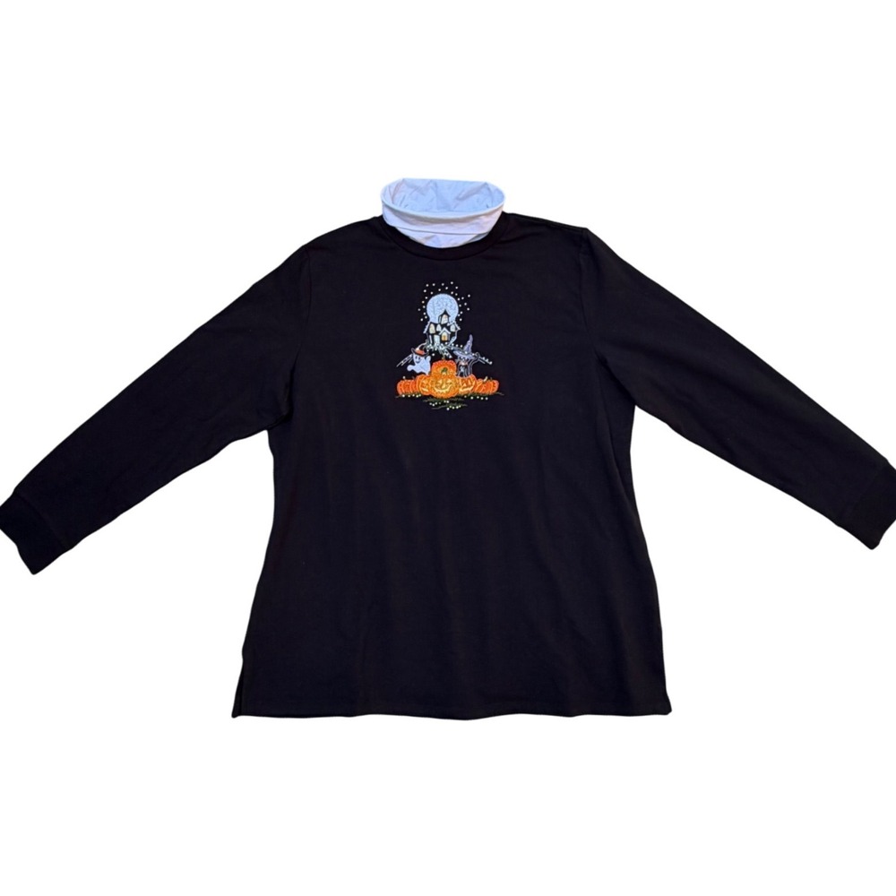 Quacker Factory Halloween Mock Neck Top Embroidered Pumpkin Ghost Large Black